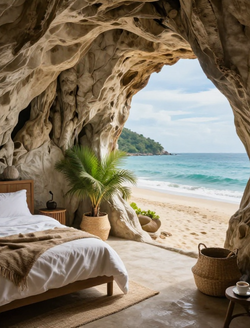 海畔溶洞居：咖啡与绿植点缀的静谧生活