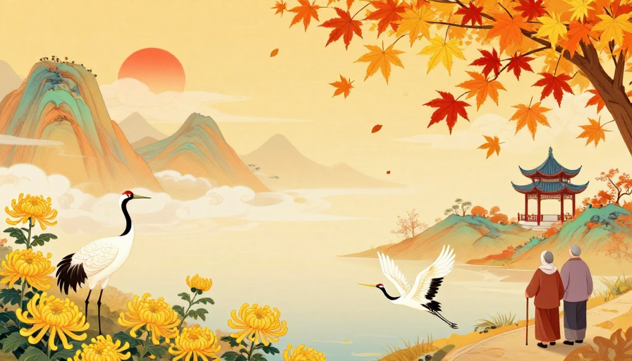 金秋白鹤映菊丛：中式意境山水插画