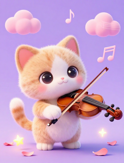 萌趣Q版小猫拉小提琴,柔光星光点缀梦幻场景