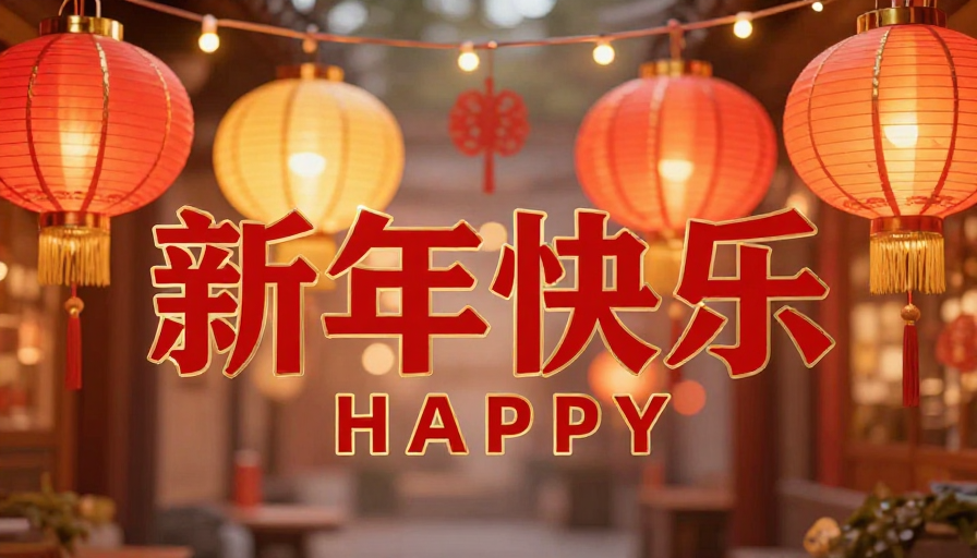 喜庆春节艺术字与灯笼暖光摄影