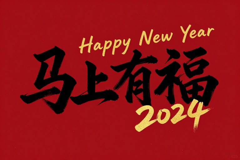 书法新年福气:红色背景‘马上有福’艺术字设计