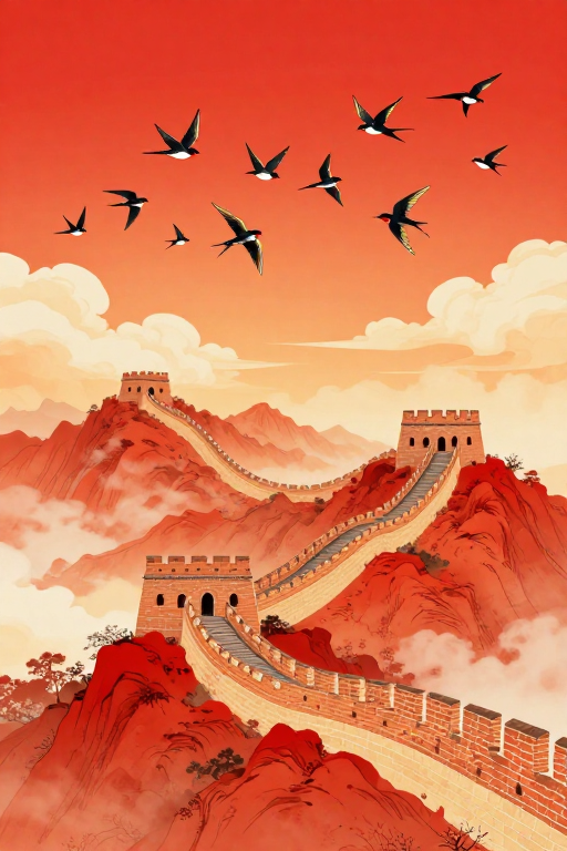 朱红金橙长城飞鸟中国风插画