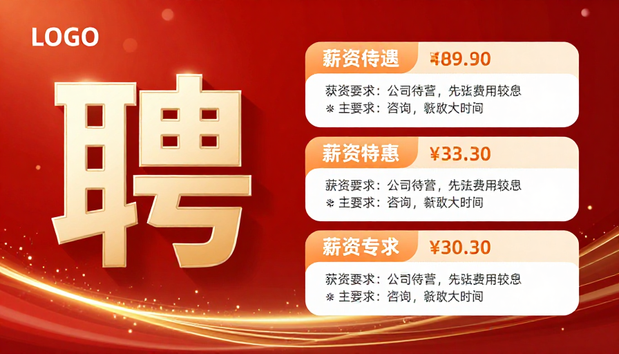 喜庆招聘：立体金色‘聘’字与岗位信息展示