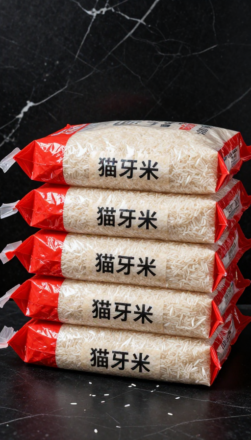 雪白猫牙米四袋堆叠，黑底呈现高端质感