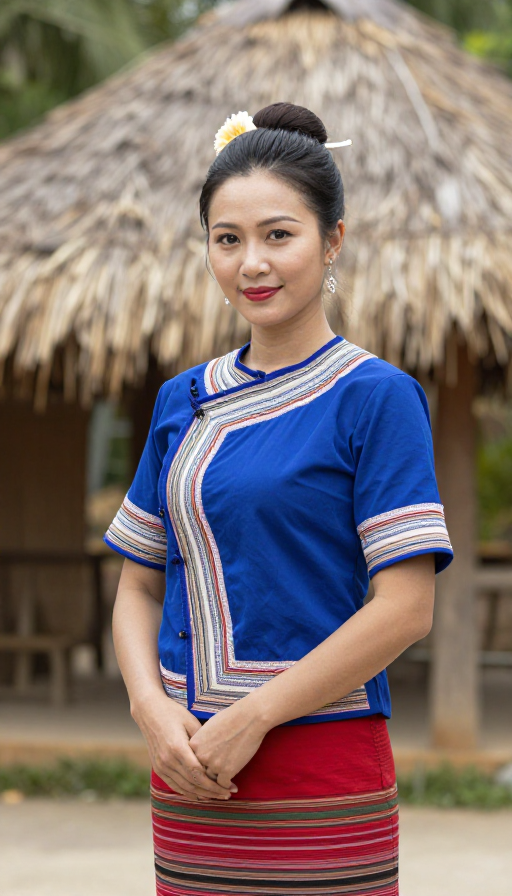 海南黎村茅屋前的美女摄影作品