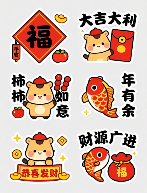春节可爱卡通贴纸设计 福运满满 喜气洋洋
