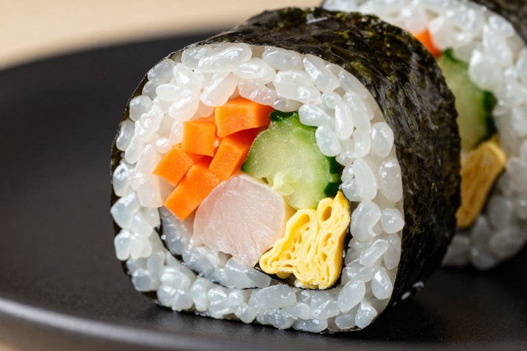 精致寿司卷特写：食材层次与光影的完美融合