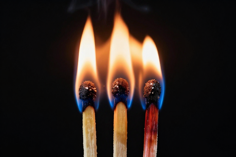 燃烧的警示：三根火柴侧逆光摄影