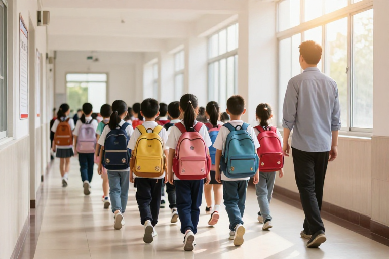 温暖光影下的课堂行进：小学师生队列实拍