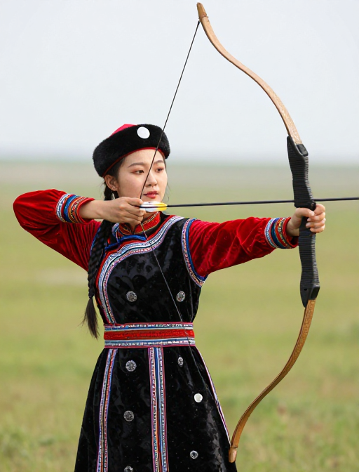 锡伯族美女传统装束射箭风采