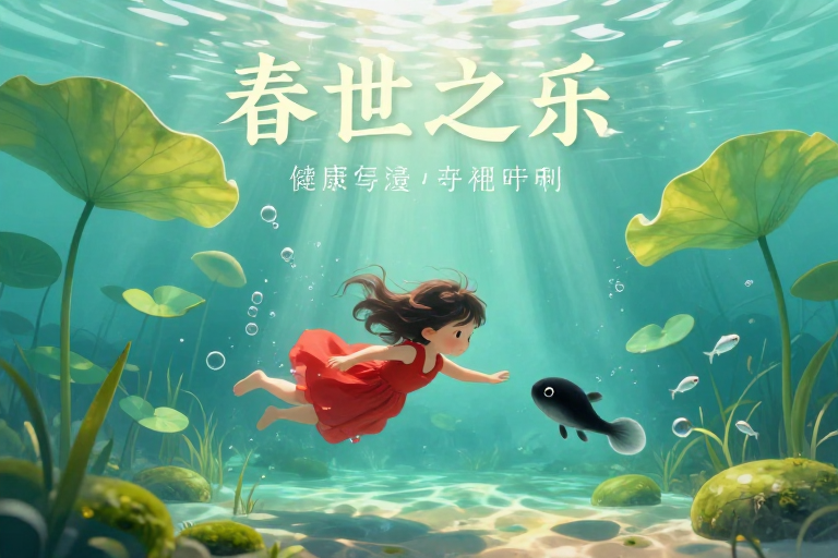 青绿童话：静谧池塘里的小女孩与蝌蚪奇遇
