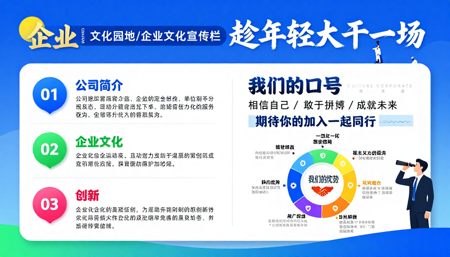 现代企业文化宣传海报：蓝色渐变背景下的进取精神与活力