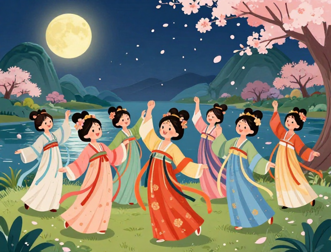 月夜汉服舞会：樱花河畔的浪漫欢快舞蹈