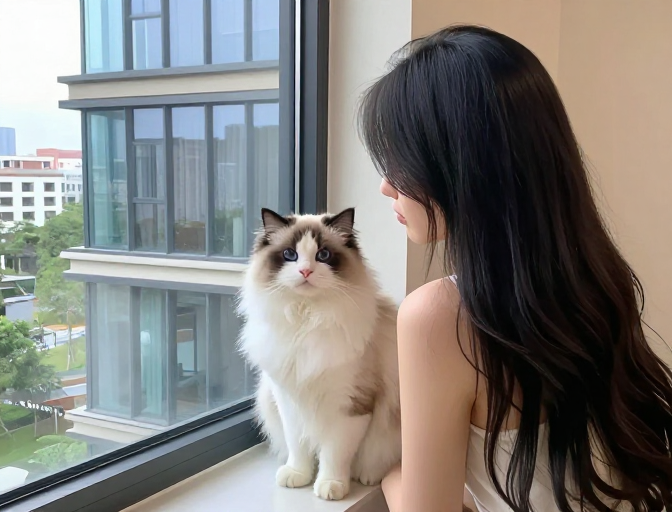 现代窗景中长发女子与布偶猫的温馨瞬间