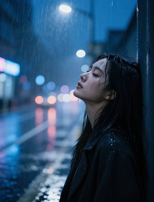 冷蓝雨夜：霓虹碎光下的泪眼回眸