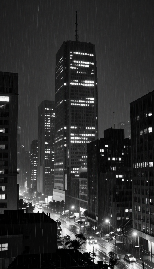 雨夜孤城:黑白摩天楼的寂寥长镜头