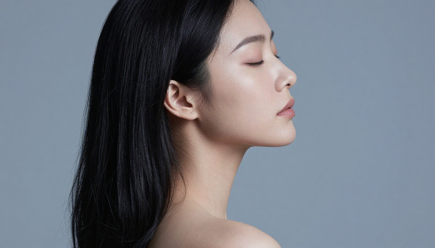 闭眼沉思的亚洲女性侧脸特写,冷调光影下的宁静之美