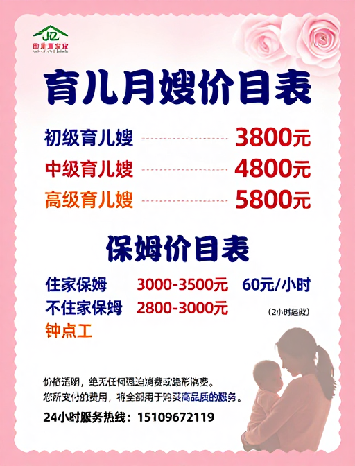 粉蓝渐变家政海报:育儿与保姆服务价目表