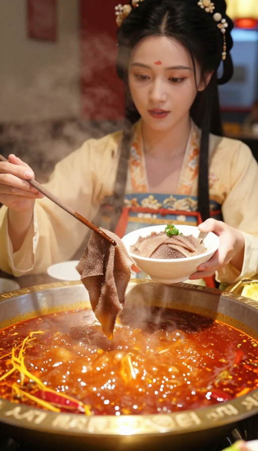 古装美女涮重庆红汤火锅电影质感特写