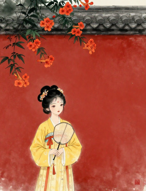水墨古风少女与凌霄花红墙