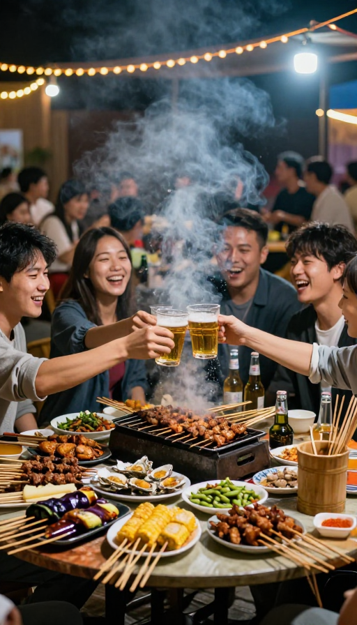 夏夜大排档：热闹烧烤聚会瞬间