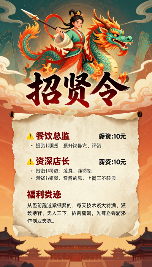 国潮古风少女骑龙招贤令海报