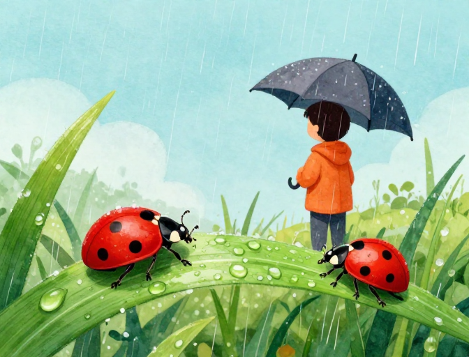 青绿水彩童趣雨景:自然与生命的静谧诗篇
