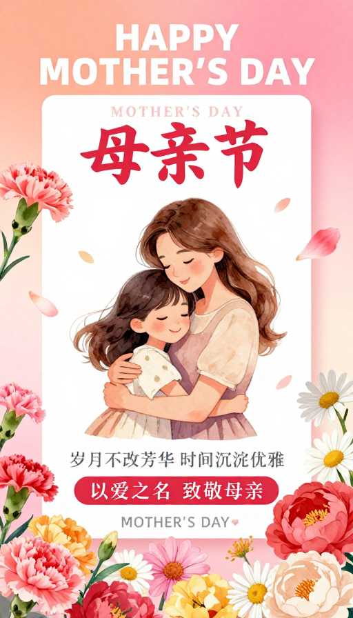粉橙风母亲节治愈插画海报