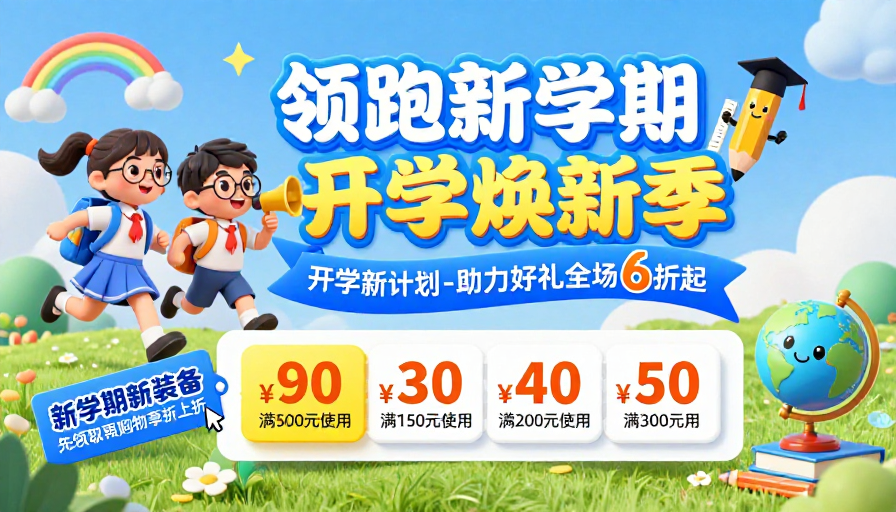 活力开学季:童趣3D卡通促销海报