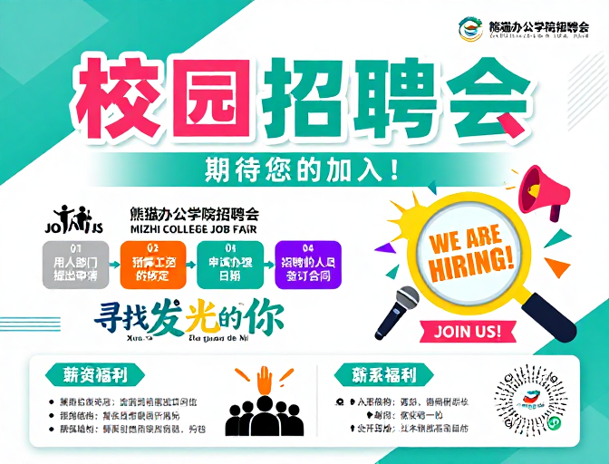 熊猫办公学院校园招聘会现代海报