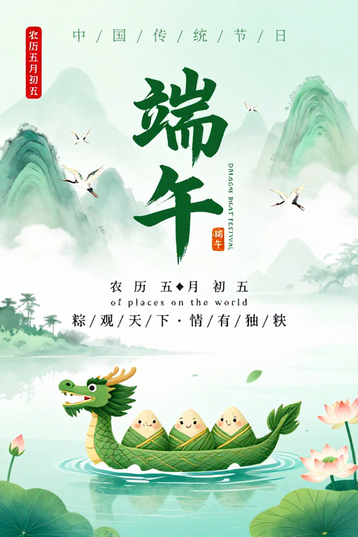 端午国风海报:青绿水墨粽香画卷