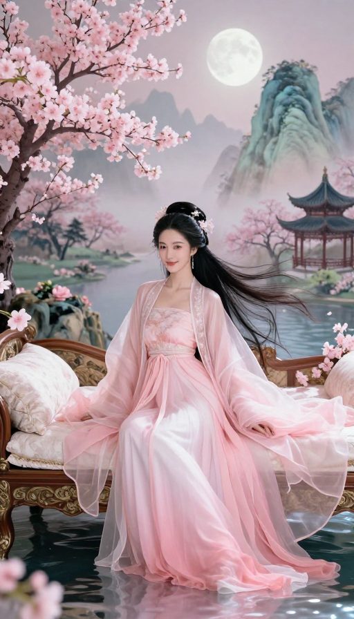 梦幻古韵:樱花月下仙境中的优雅女子