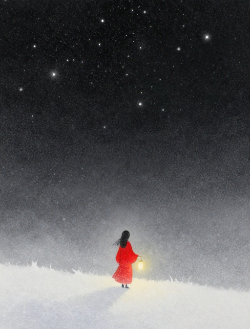 岩彩风下的孤寂背影：星空灯笼的静谧守望