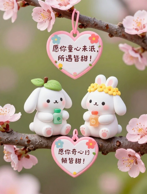 萌兔共坐粉花枝，童心与甜意相伴