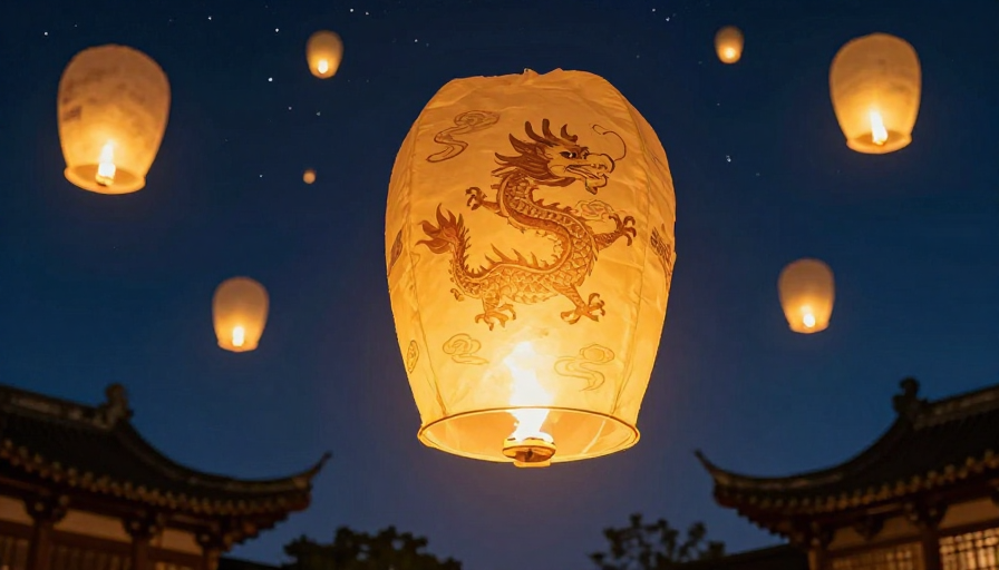 龙凤孔明灯点亮元宵夜空，传统祈福美景