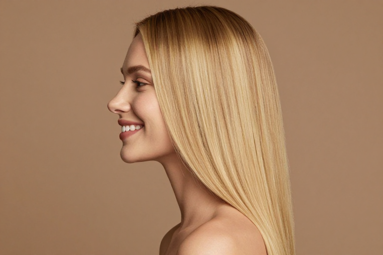 金发侧颜微笑女子，柔光质感人像摄影