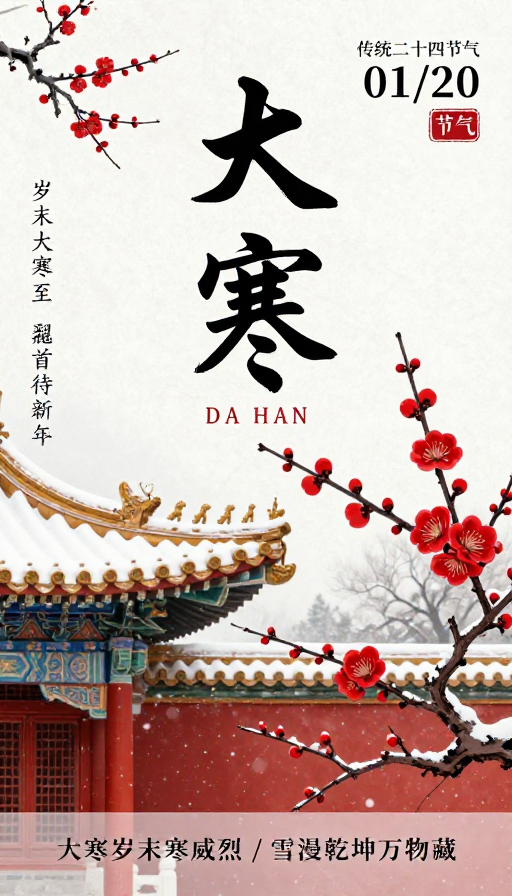 大寒节气水墨海报:传统与新春的交融
