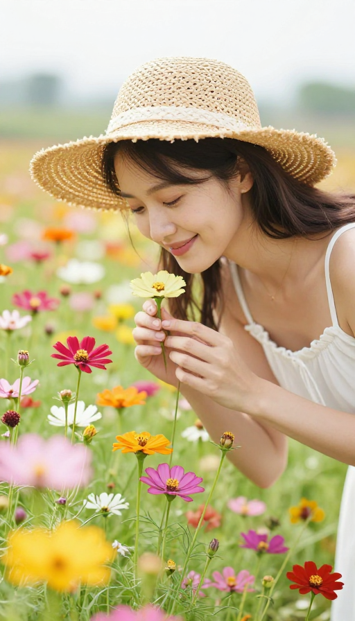 田园花香:戴草帽女子在花海中微笑的清新瞬间