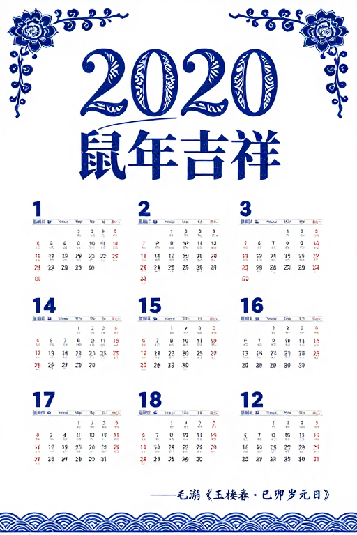 青花鼠年吉祥：典雅2020日历海报