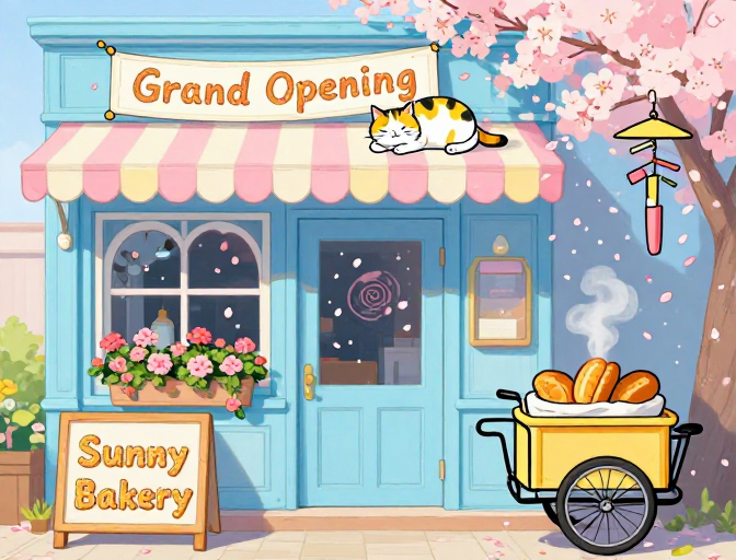 温馨开业庆典：粉蓝天下的童话面包店插画