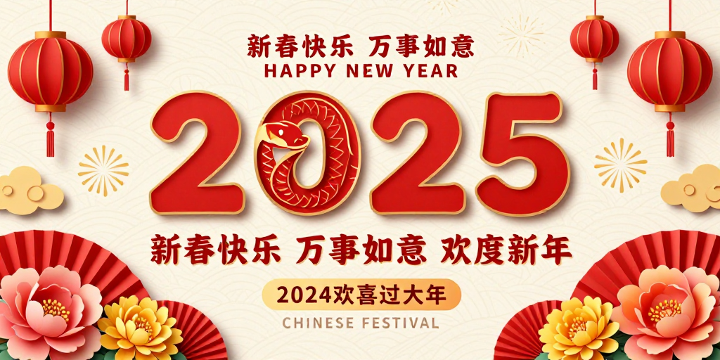 乙巳蛇年新春贺图:立体红金中国风海报