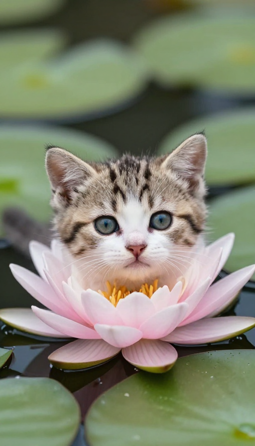 睡莲上的Q版小奶猫:萌趣可爱瞬间