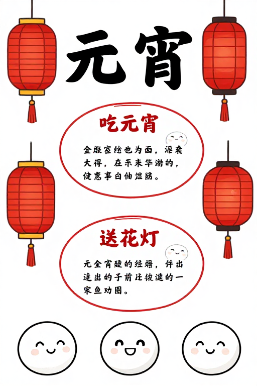 元宵佳节手绘海报：红白黑清新插画风