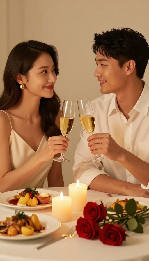 烛光晚餐：情侣深情对望的浪漫瞬间