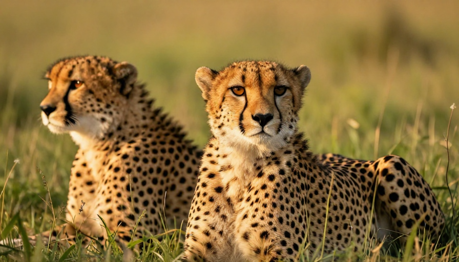 草原双猎豹静卧凝视，黄金时刻暖橙光影