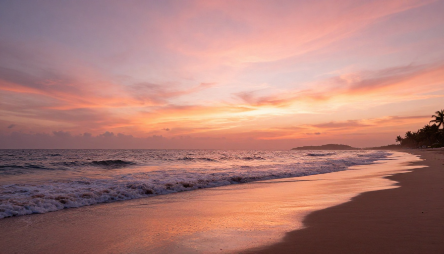宁静海滩日落:粉橙霞光下的诗意时刻