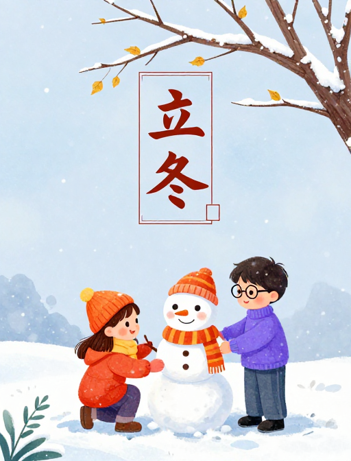 立冬童趣:水彩风冬日雪景插画