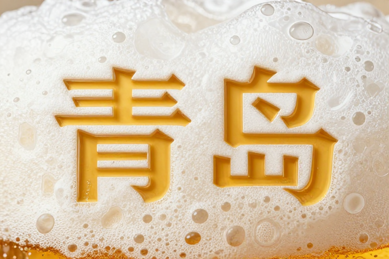 啤酒泡沫立体‘青岛’字特写