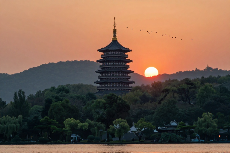 夕阳下的雷峰塔:金辉与湖山的绝美构图
