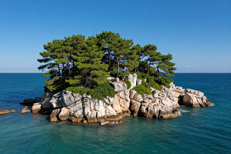碧蓝海域环绕的静谧岛屿：自然光影下的海岛风光